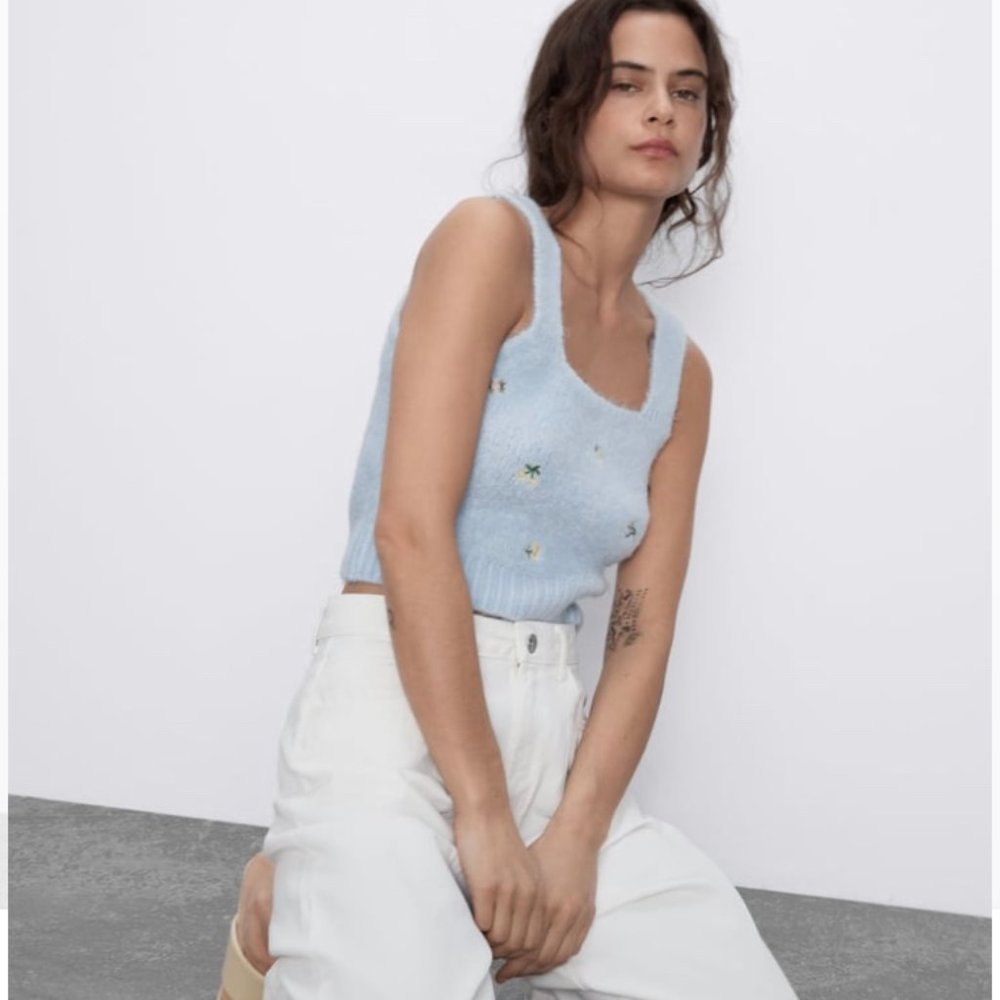 Zara Floral Embroidered Knit Top L - Picture 2 of 5